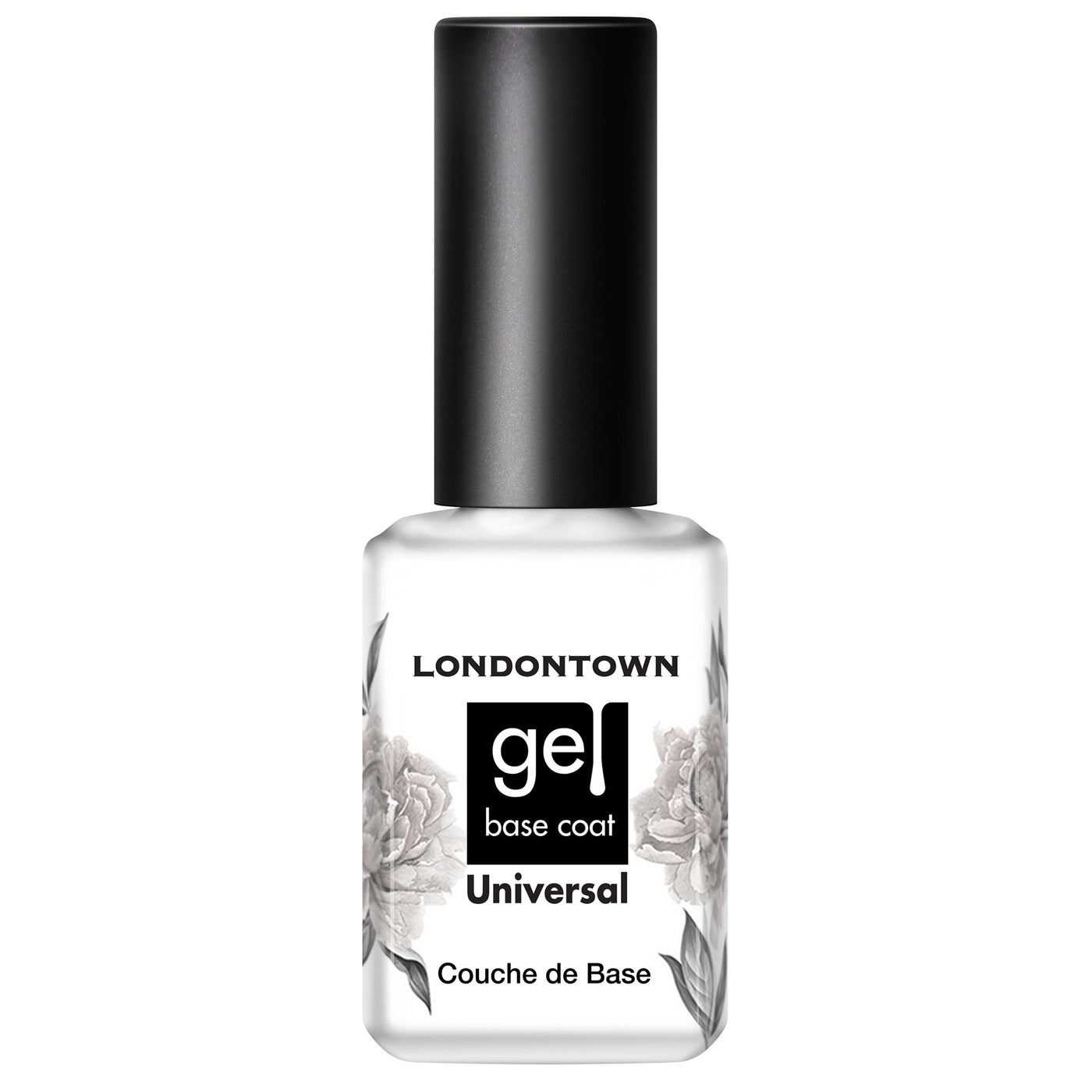 Clear bottle of LONDONTOWN's Universal Base Coat with black cap and flower illustrations on the sides, offering superior adhesion base for minimal nail damage. Ideal for use with UV/LED light.