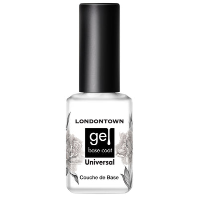 Clear bottle of LONDONTOWN's Universal Base Coat with black cap and flower illustrations on the sides, offering superior adhesion base for minimal nail damage. Ideal for use with UV/LED light.
