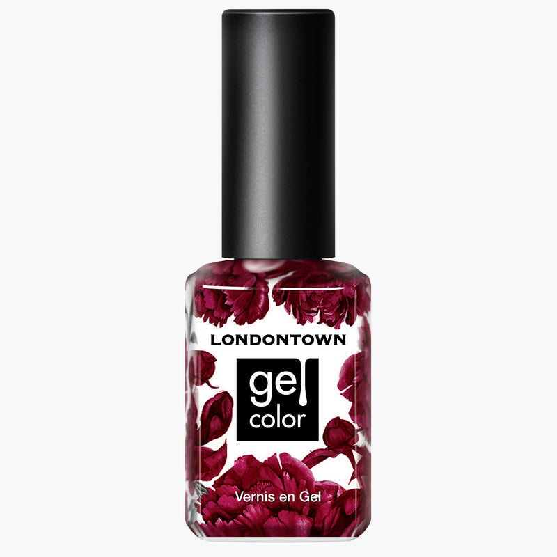 A bottle of LONDONTOWN Bell in Time UV/LED Gel Color nail polish in a dark red shade. The vegan formula comes in a sleek bottle featuring black text and a black cap.