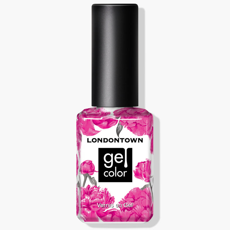 A bottle of LONDONTOWN's Berry Punch gel nail polish with pink floral designs on the label sits against a white background. This vegan, cruelty-free formula in bold fuchsia promises a stunning manicure when cured under a UV/LED light.