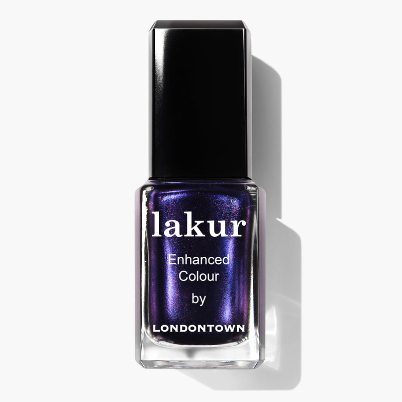 A bottle of LONDONTOWN's Black Thorn nail polish with a Moody Midnight Purple shade, a black cap, and a 16+ Free vegan cruelty-free formula.