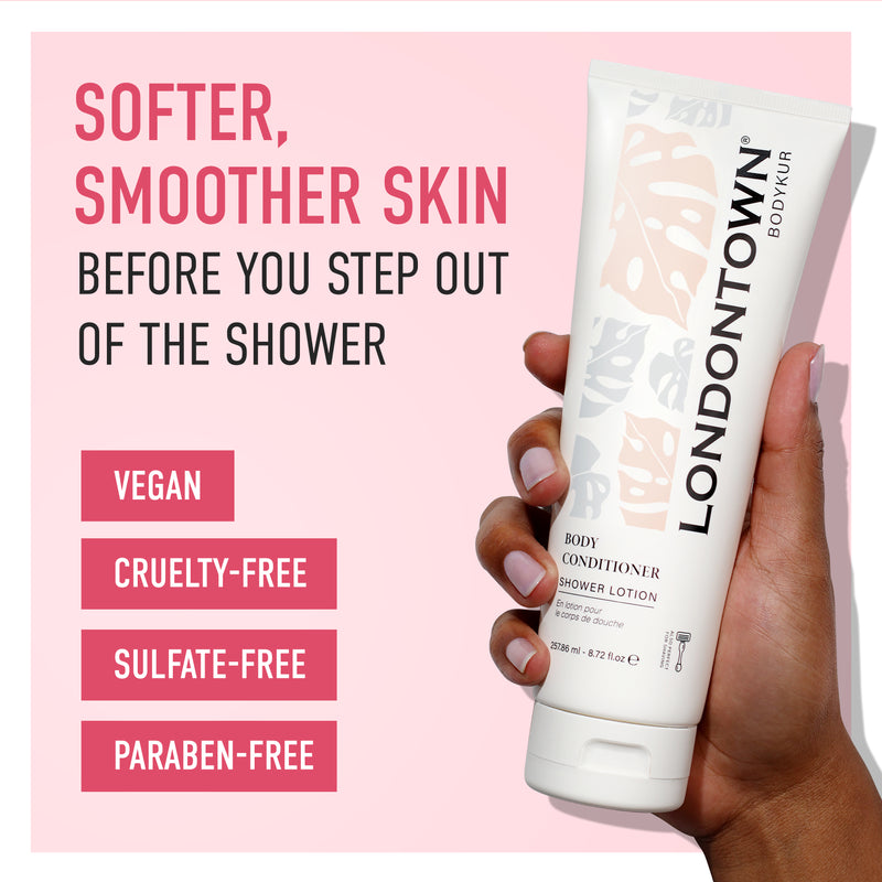 A hand holds a tube of LONDONTOWN Nourishing Body Conditioner. Text highlights features: "Softer, Smoother Skin Before You Step Out of the Shower," "Vegan," "Cruelty-Free," "Sulfate-Free," and "Paraben-Free." Achieve softer skin effortlessly with each shower.