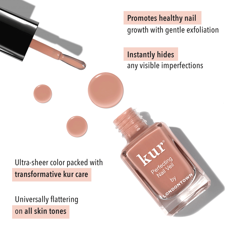 An open bottle of LONDONTOWN’s Perfecting Nail Veil #5 lies on its side with drops of vibrant pink nearby. Text highlights its benefits: promotes healthy nail growth, hides imperfections, and is power-packed with nutrients suitable for all skin tones.