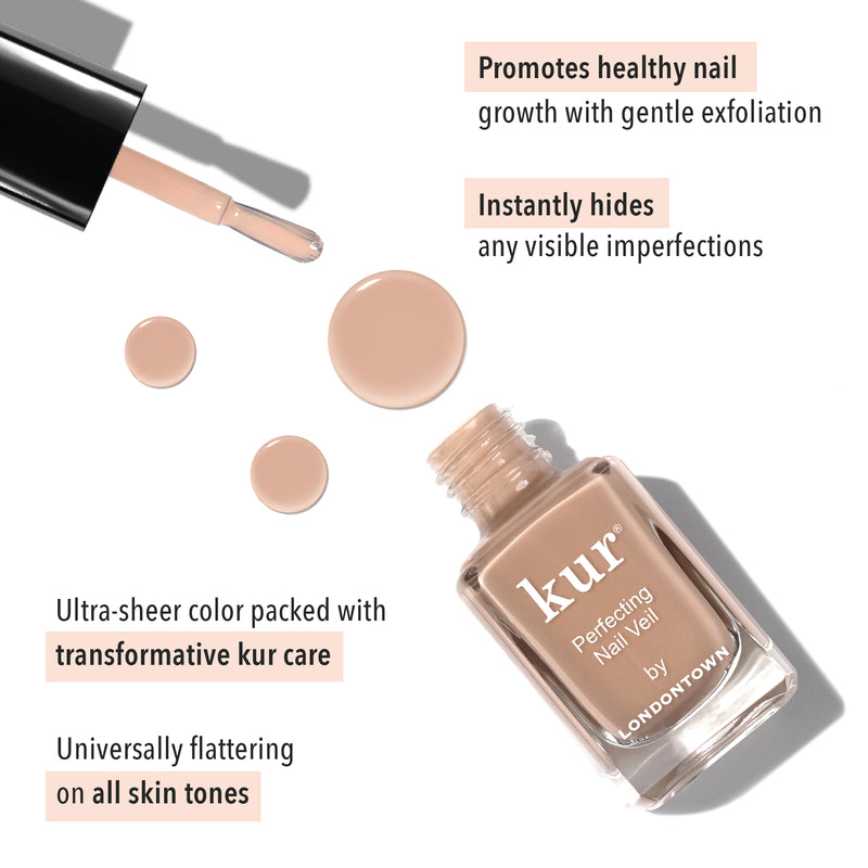 A nude nail polish bottle labeled "Perfecting Nail Veil #6" from LONDONTOWN promotes its power-packed benefits for healthy nail growth, exfoliation, and ability to hide imperfections. With three drops of polish shown beside the bottle, this product offers a hint of color for flawlessly chic nails.