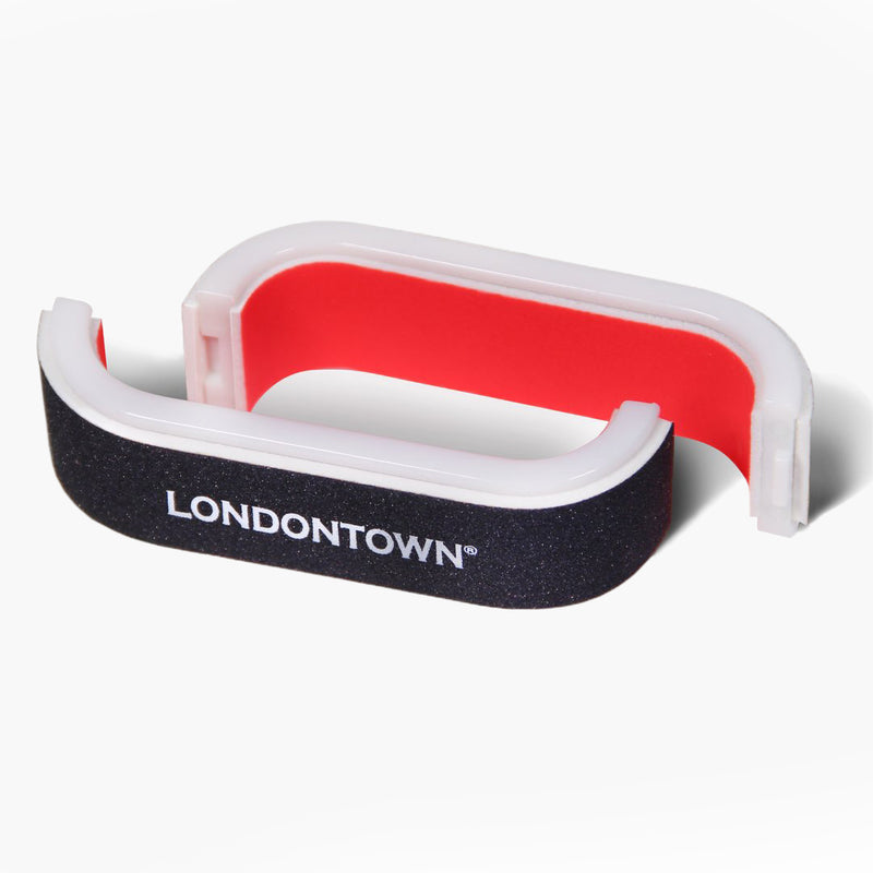 A black and red LONDONTOWN nail buffer with a rounded, ergonomic design, perfect for achieving a salon-worthy manicure.