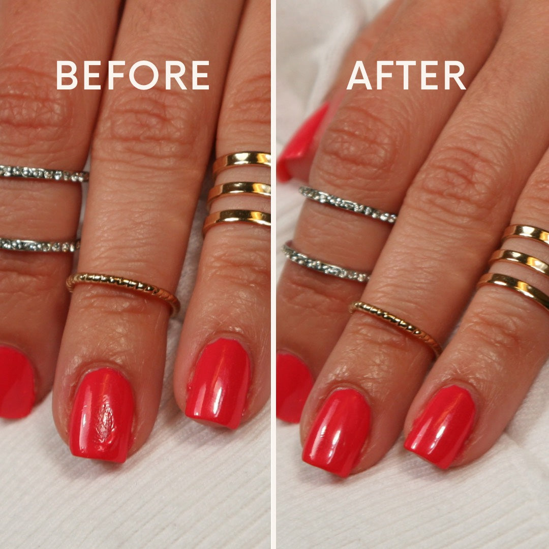 Two hands adorned with rings exhibit a "before" image of chipped red nails and an "after" image of smooth, freshly painted red nails, all courtesy of LONDONTOWN's Instant Smudge Fix.