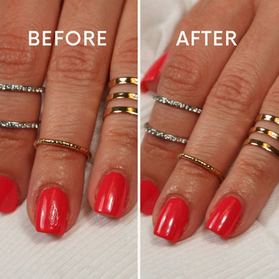 Two hands adorned with rings exhibit a "before" image of chipped red nails and an "after" image of smooth, freshly painted red nails, all courtesy of LONDONTOWN's Instant Smudge Fix.