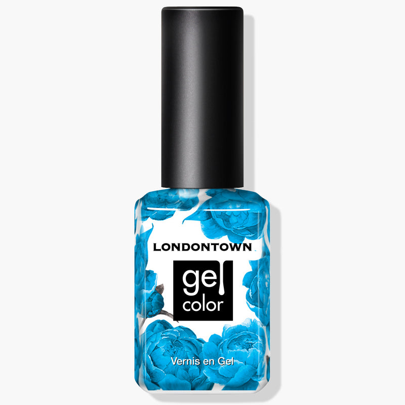 Nail polish bottle with black cap labeled "LONDONTOWN Cabana Boy" and decorated with a neon blue floral design, offering extended wear & shine.