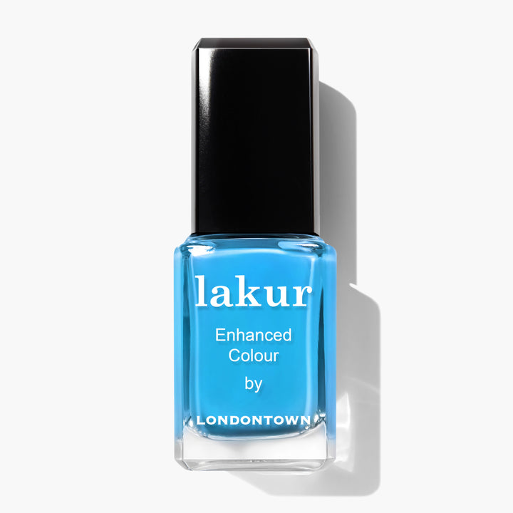 A bottle of Cabana Boy enhanced color nail polish by LONDONTOWN, featuring a vibrant neon blue hue and a square black cap.