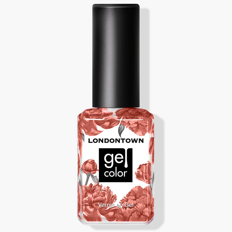 A bottle of LONDONTOWN gel color nail polish named Cactus Coral, featuring a black cap and a floral print label available in a lush dusty coral shade.