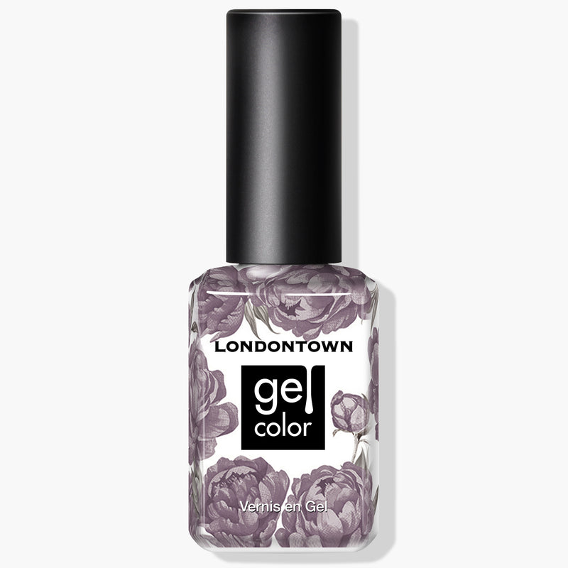 A bottle of LONDONTOWN's Cashmere gel color nail polish, with its distinctive black cap and elegant floral design on the label, offers superior one-coat coverage in a rich plum shade. This vegan, cruelty-free formula ensures a flawless finish with minimal effort.