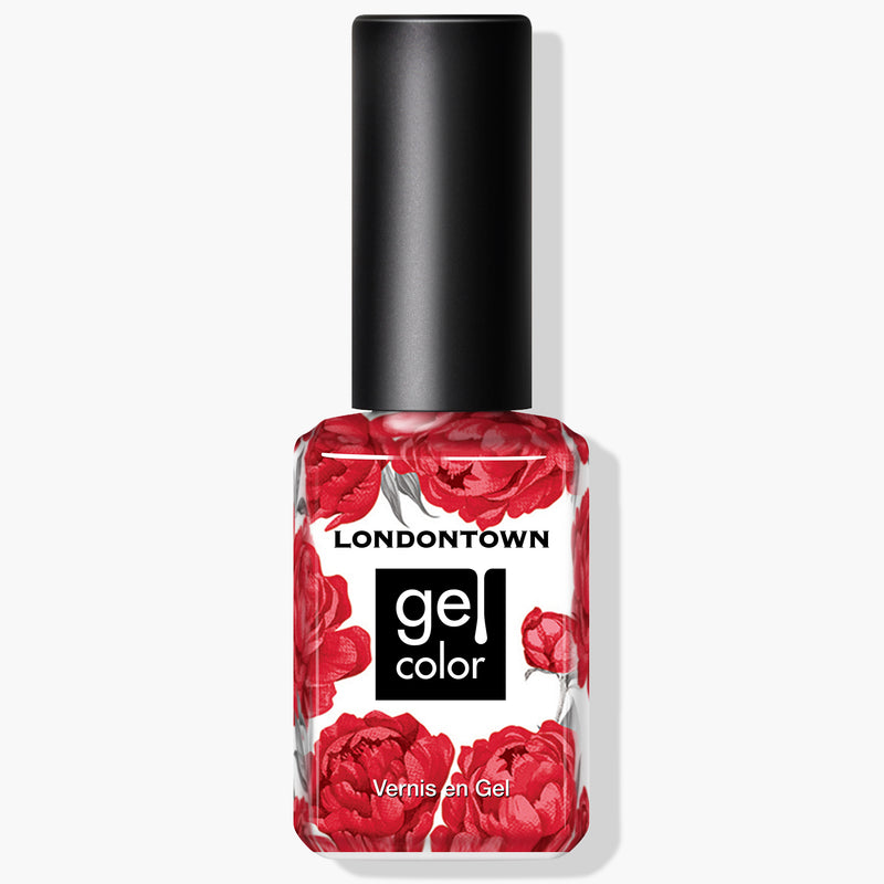 A bottle of LONDONTOWN gel color nail polish called "Changing of the Guards," featuring a black cap and a label adorned with a deep red crème floral design reminiscent of Buckingham Palace's regal elegance.