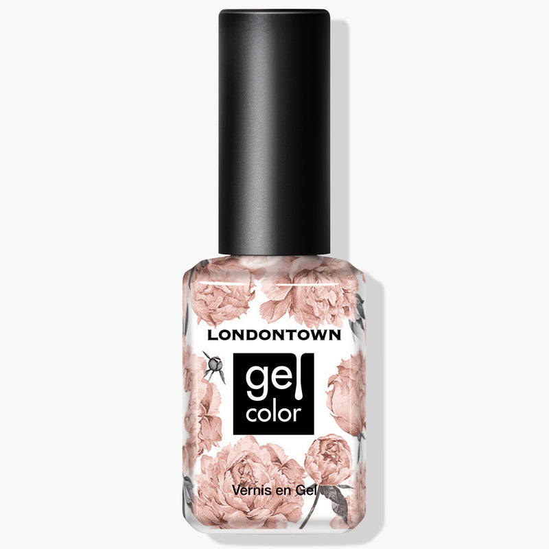 A bottle of LONDONTOWN's Chiffon Gel Color nail polish, featuring a delicate hue with a pink floral design on a white background. Perfect for achieving an elegant gel color manicure, this product works beautifully with UV/LED lights for lasting shine.