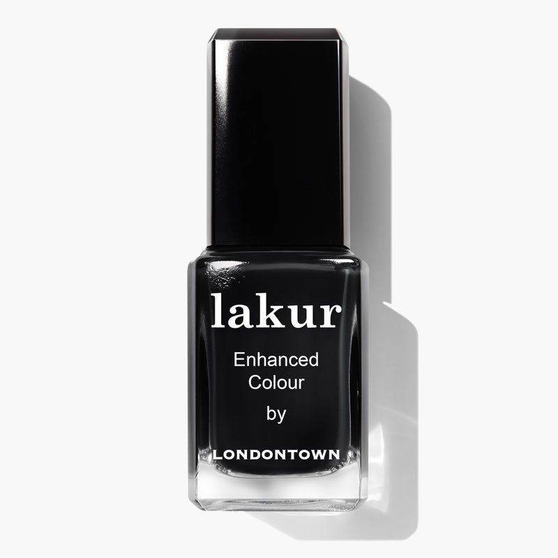 A bottle of Chim Cher-ee nail polish labeled "lakur Enhanced Colour by LONDONTOWN," boasting a vegan, cruelty-free formula, with a sleek black cap.