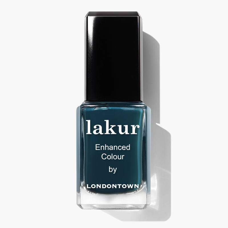 A bottle of Chivvy Along by LONDONTOWN, a vegan and cruelty-free nail polish in dark green with a black cap.