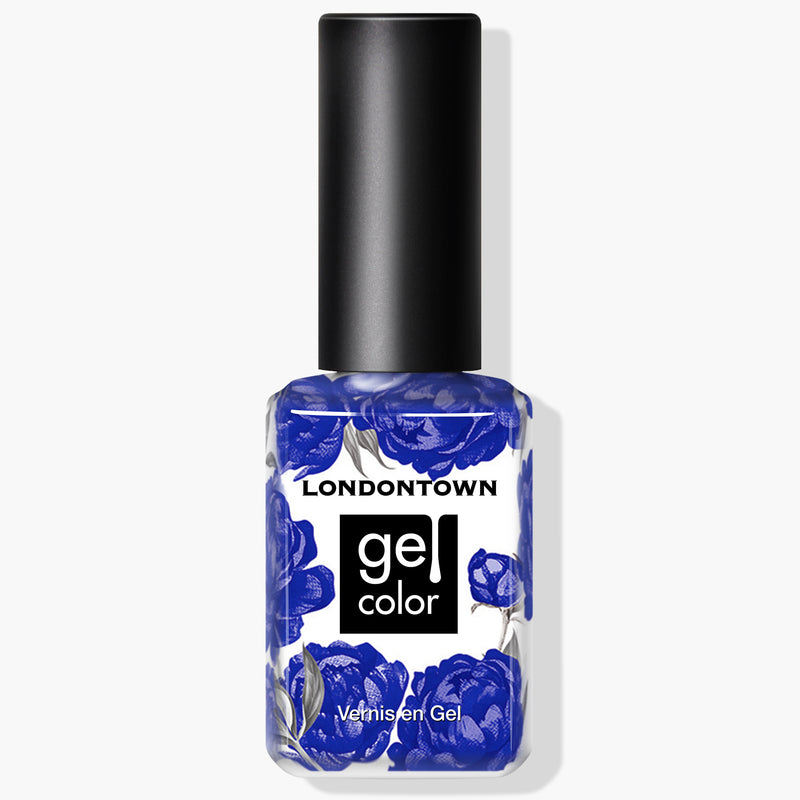 A bottle of LONDONTOWN Gel Color nail polish named "Cocktail Hour," featuring a black cap and blue rose designs on the bottle, perfect for use with UV/LED light.