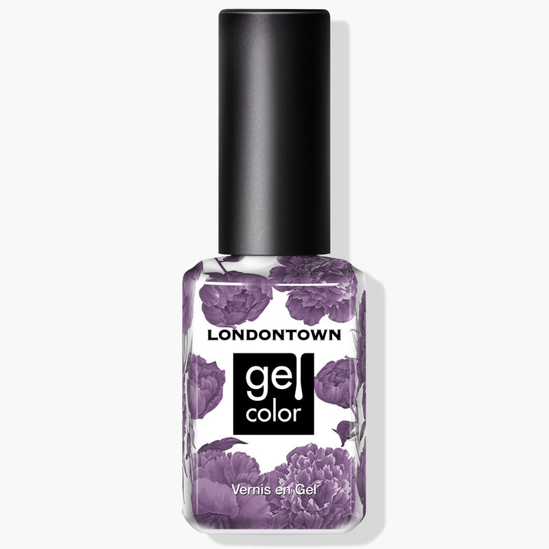 A nail polish bottle with the label "Cozy Cashmere" and "Vernis en Gel," produced by LONDONTOWN, featuring purple floral designs, perfect for a gel manicure.