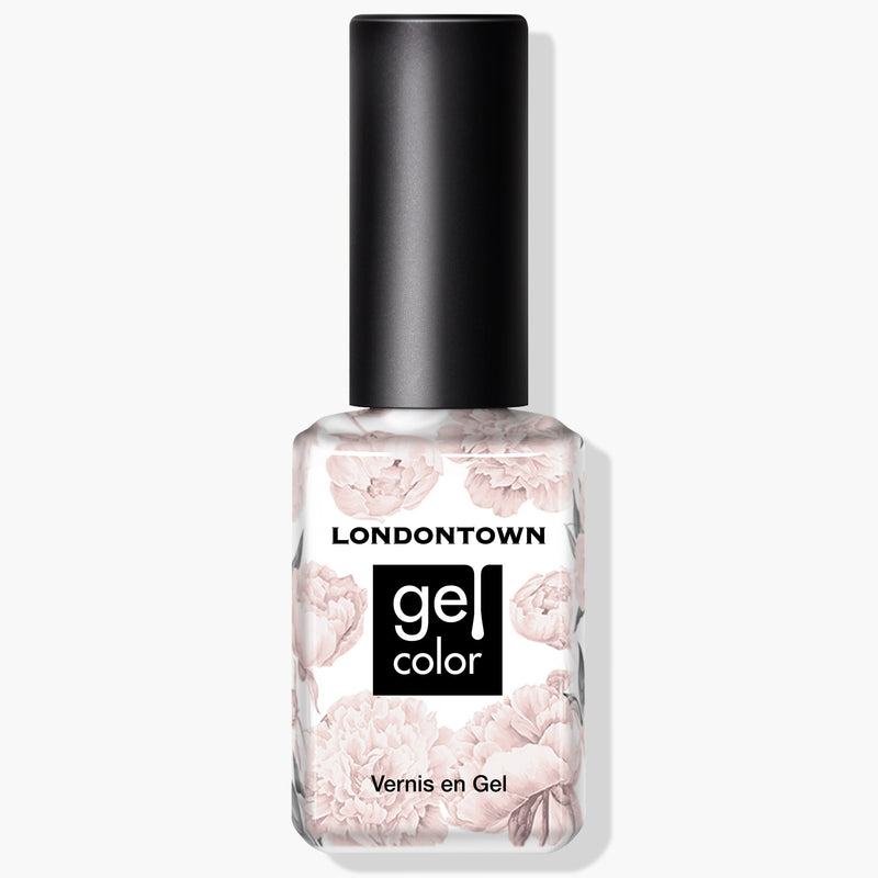 A bottle of LONDONTOWN Crowning Crumpet Gel Color nail polish featuring a black cap and a floral pattern on the bottle. The label reads "Vernis en Gel." This polish offers a gel manicure experience with color lock technology for long-lasting wear.