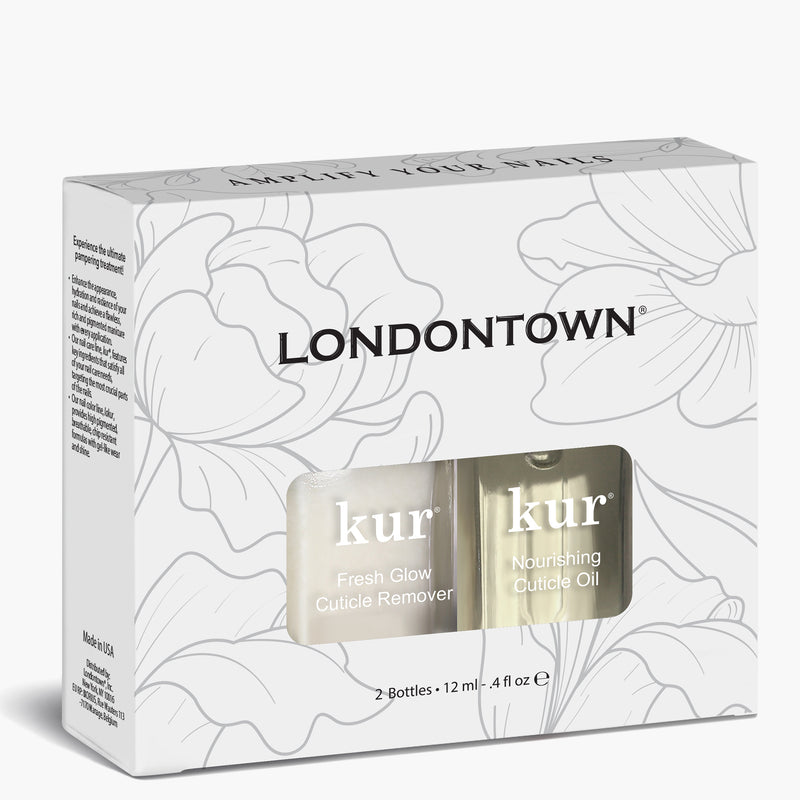 Presenting the Cuticle Saver boxed set by LONDONTOWN: featuring Fresh Glow Cuticle Remover and Nourishing Cuticle Oil, each contained in a 12 mL bottle. Displayed against a floral-patterned background, this duo is your ultimate cuticle care life saver.