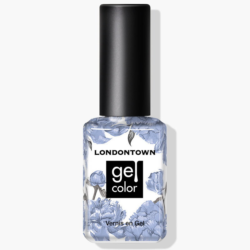 A bottle of LONDONTOWN's Dainty Daze gel color nail polish in a stunning periwinkle blue creme, featuring a black cap and floral design on the label, perfect for your next gel manicure.