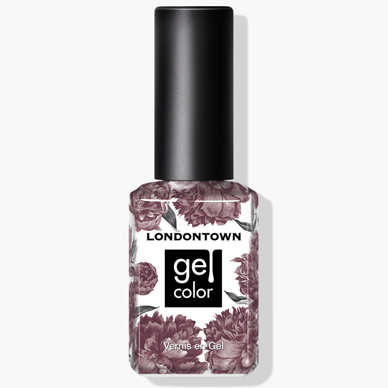 A bottle of LONDONTOWN Gel Color nail polish named Darjeeling with floral decorations on the label, featuring a black cap. The text "LONDONTOWN" and "gel color" is visible on the front, perfect for achieving a stunning shade of mauve with a gel manicure that requires UV/LED light.