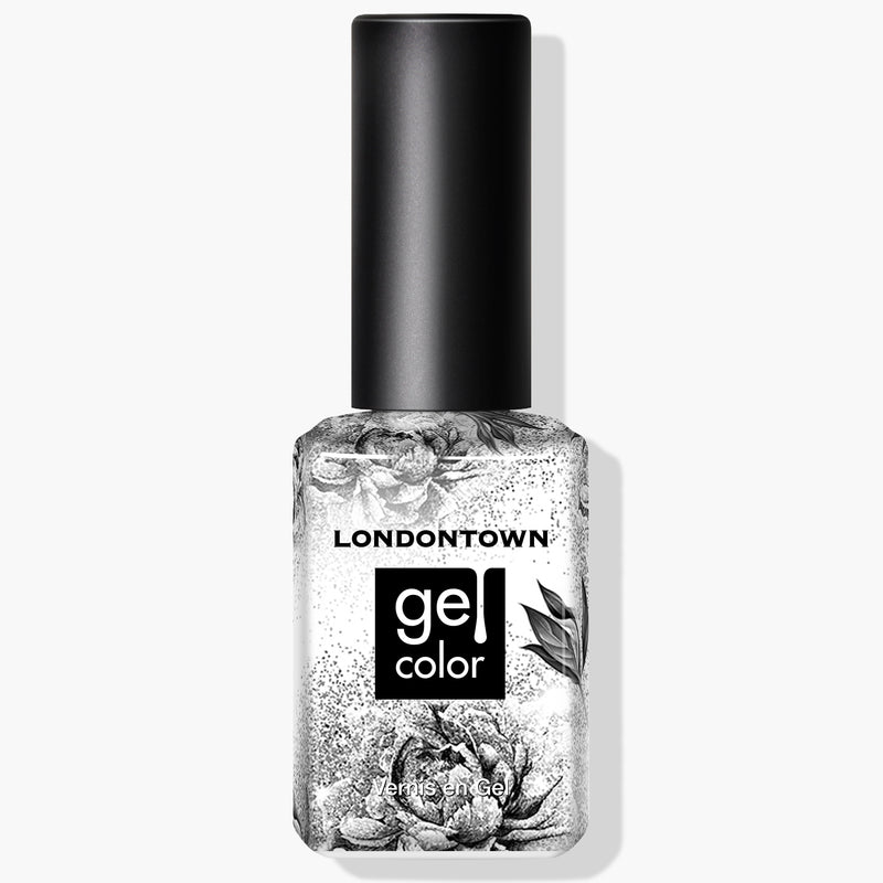 The LONDONTOWN Diamond Jubilee UV/LED Gel Color nail polish features a clear bottle accented with a monochrome floral design and topped with a black cap. Inside, it contains dazzling silver glitter. This vegan and cruelty-free, non-solvent formula is perfect for achieving a stunning, guilt-free manicure.