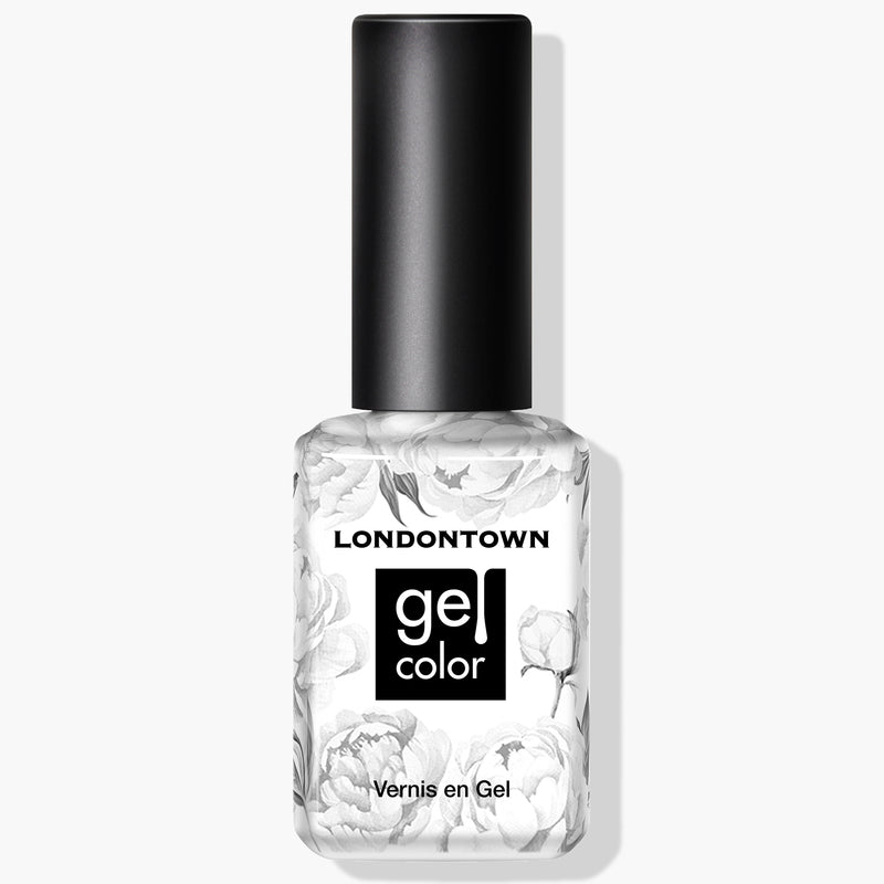 A bottle of LONDONTOWN Doilies Gel Color nail polish with floral patterns on a sheer white background, perfect for a gel manicure under UV/LED light.