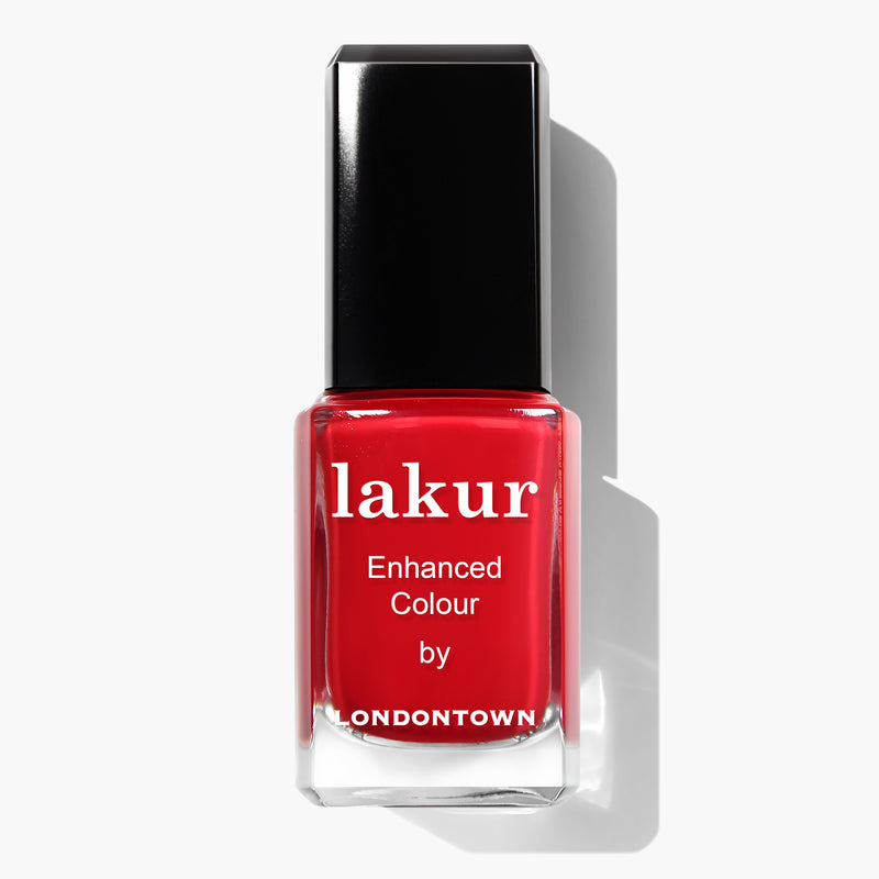 A bottle of "Double the Deck" vegan cruelty-free nail polish by LONDONTOWN in true red crème with a black cap.