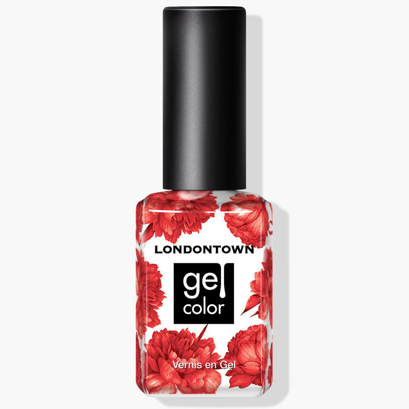 A bottle of LONDONTOWN Gel Color nail polish in the shade "Down to Dilly," featuring a black cap, a red floral design on a white label, and a hot pink crème color that cures perfectly under UV/LED light.