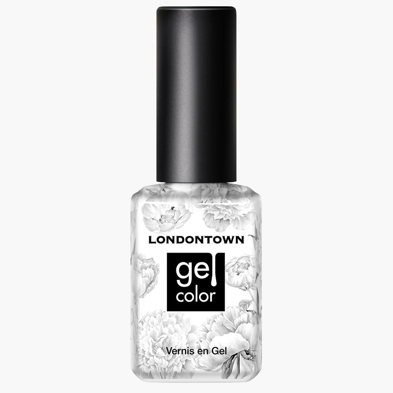 A bottle of LONDONTOWN’s Duchess pure crème white nail polish, ideal for a French manicure, featuring elegant floral designs on the bottle and a sleek black cap.