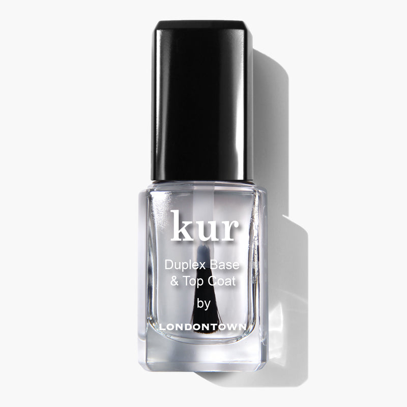 A bottle of Duplex Base & Top Coat by LONDONTOWN. The clear bottle features a black cap and contains a vegan and cruelty-free formula that doubles as a Strengthening Base Coat, providing both resilience and a high shine gloss finish.
