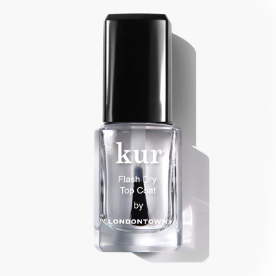 Clear nail polish bottle labeled "Flash Dry Top Coat (Professional) by LONDONTOWN," with a black cap, set against a white background. This Fast Dry Top Coat ensures a smudge-free manicure and boasts shine-boosting properties.