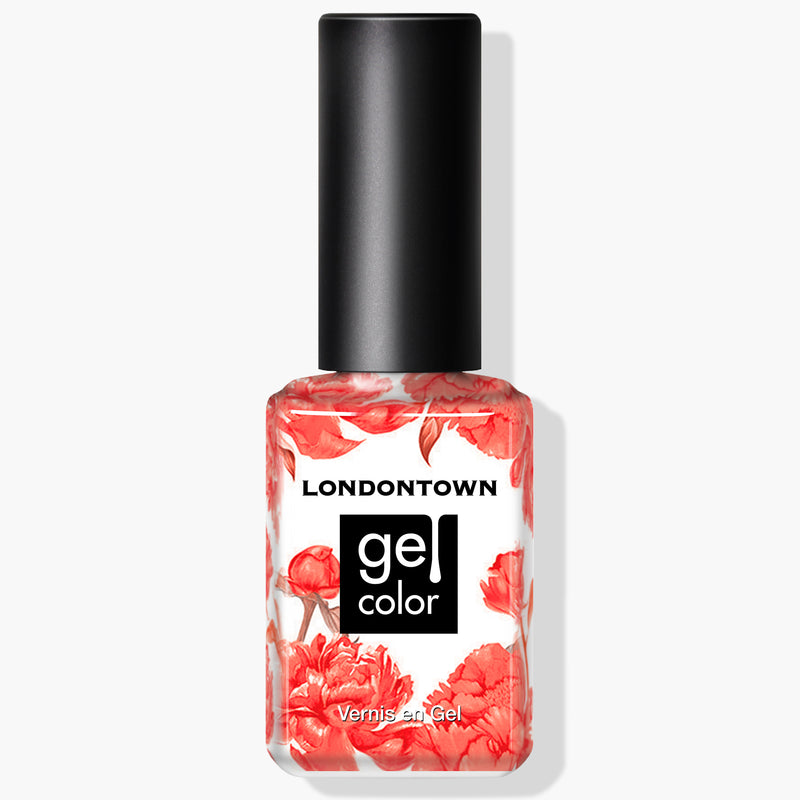 The Flashback nail polish by LONDONTOWN, presented in a gel color bottle adorned with red floral designs and featuring a black cap, offers a stunning blend of neon orange that shines beautifully under UV/LED light.