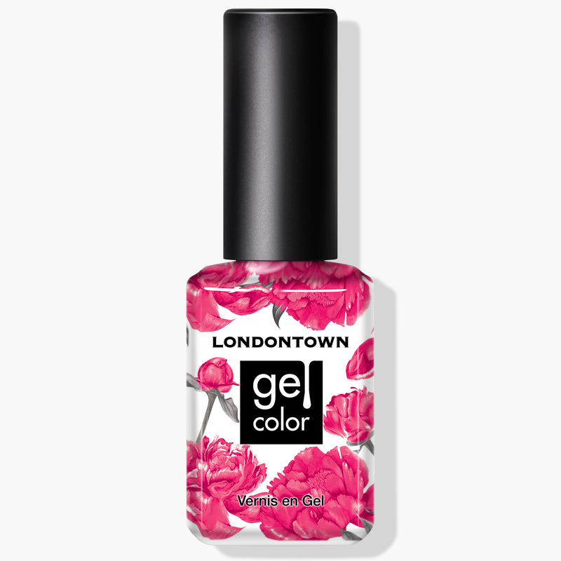 A bottle of LONDONTOWN Fruit Tella UV/LED Gel Color nail polish, adorned with a black cap and floral label design featuring pink flowers, delivers a glossy finish with its cruelty-free, vegan formula.