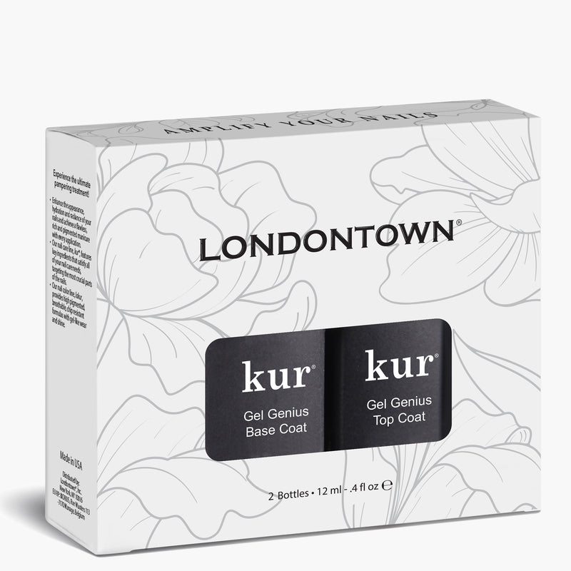 A LONDONTOWN Gel-like Set box contains one bottle each of Kur Gel Genius Base Coat and Kur Gel Genius Top Coat, adorned with floral illustrations on the packaging. No UV light is needed for application, ensuring a hassle-free experience.