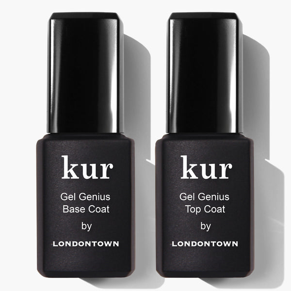 Two black rectangular bottles with white text, part of the Gel-like Set by LONDONTOWN. The left bottle is labeled "kur Gel Genius Base Coat," and the right bottle is labeled "kur Gel Genius Top Coat." No UV light is needed, and no soaking is required for removal.