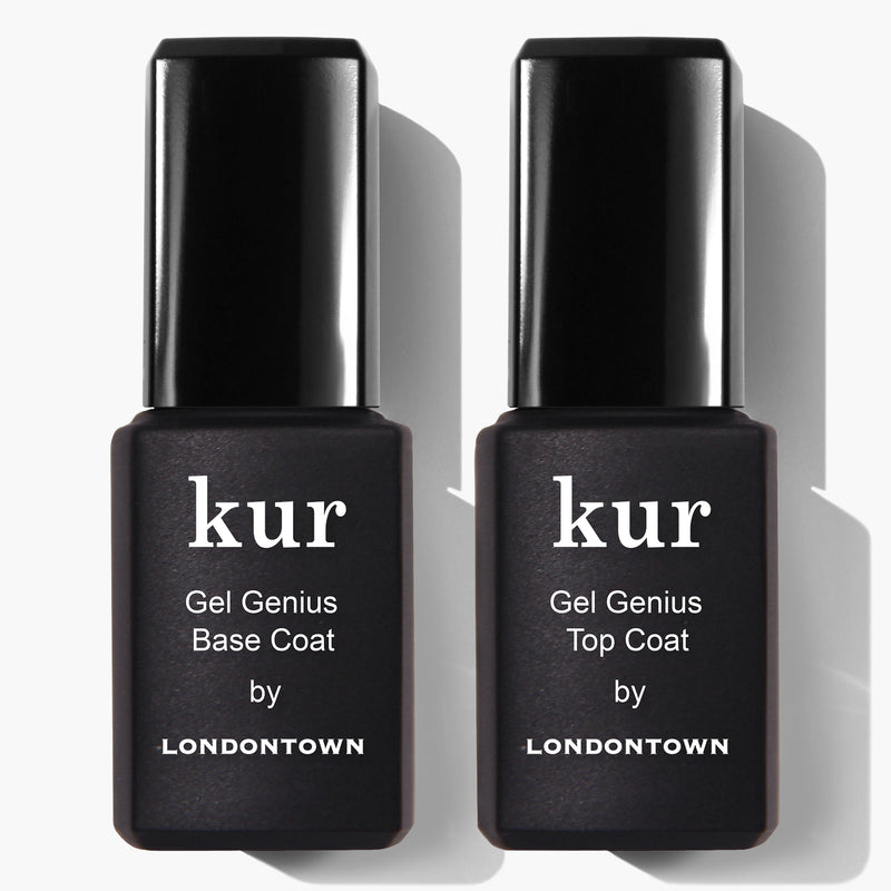 Two black rectangular bottles with white text, part of the Gel-like Set by LONDONTOWN. The left bottle is labeled "kur Gel Genius Base Coat," and the right bottle is labeled "kur Gel Genius Top Coat." No UV light is needed, and no soaking is required for removal.