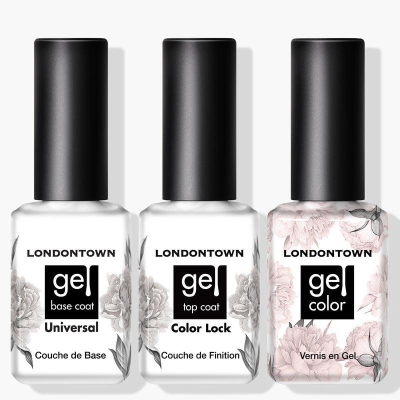 Three bottles of LONDONTOWN's Gel Starter Kit are displayed side by side: a Universal Base Coat, Color Lock Top Coat, and a pink gel color, perfect for the professional nail technician.