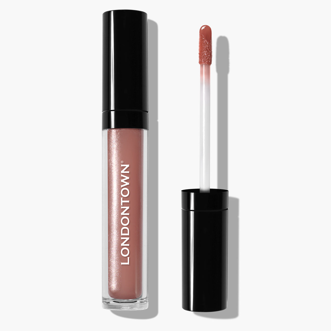 A LONDONTOWN Plush Shine Lip Gloss - Gossamer tube is open, revealing the applicator wand with a peachy pink gloss on it, set against a plain white background.