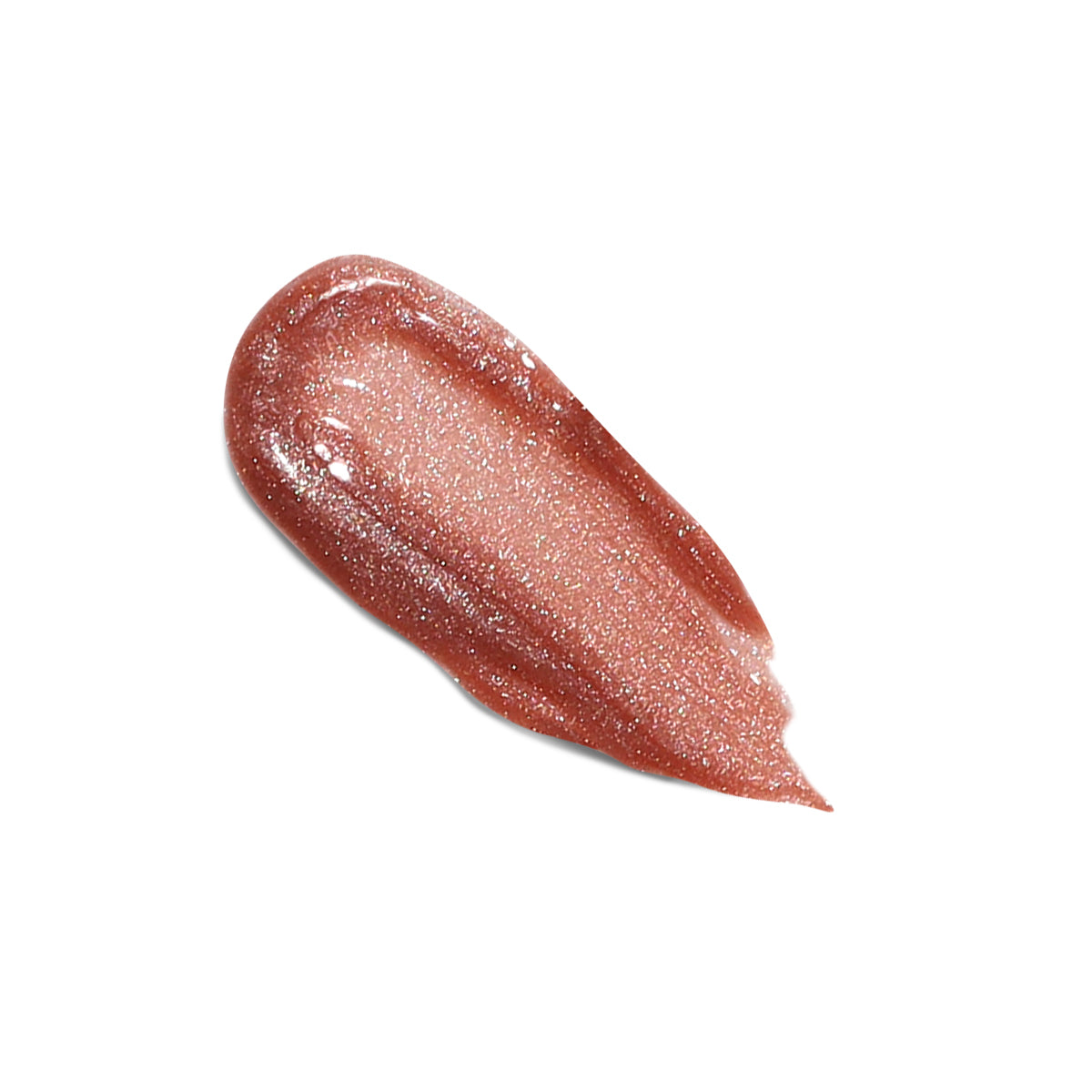 A close-up of a single smear of LONDONTOWN's Plush Shine Lip Gloss in Gossamer, a shimmery, metallic, light brown shade with a hint of peachy beige, on a white background.