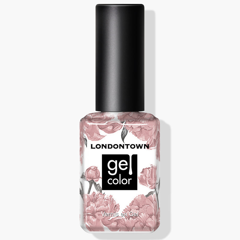 The Honeymoon Gel Color nail polish by LONDONTOWN features a black cap and a floral design on the label. Ideal for use with UV/LED light, this vegan nail polish provides vibrant, long-lasting color.