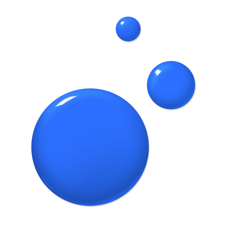 Three blue, glossy, spherical shapes of varying sizes are positioned against a white background, reminiscent of LONDONTOWN's Iconic electric blue nail polish.
