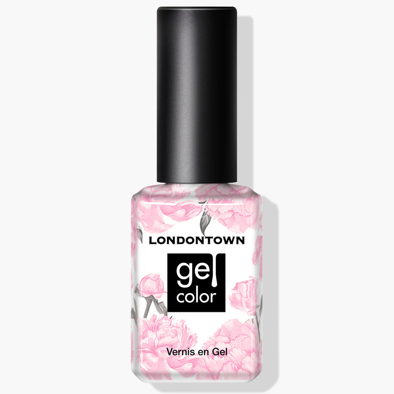 A bottle of LONDONTOWN "Invisible Crown" gel color nail polish with a black cap. The bottle features a floral design and text that reads "LONDONTOWN gel color Vernis en Gel." This stunning shade of soft sheer pink cures perfectly under UV/LED light for a long-lasting, glossy finish.