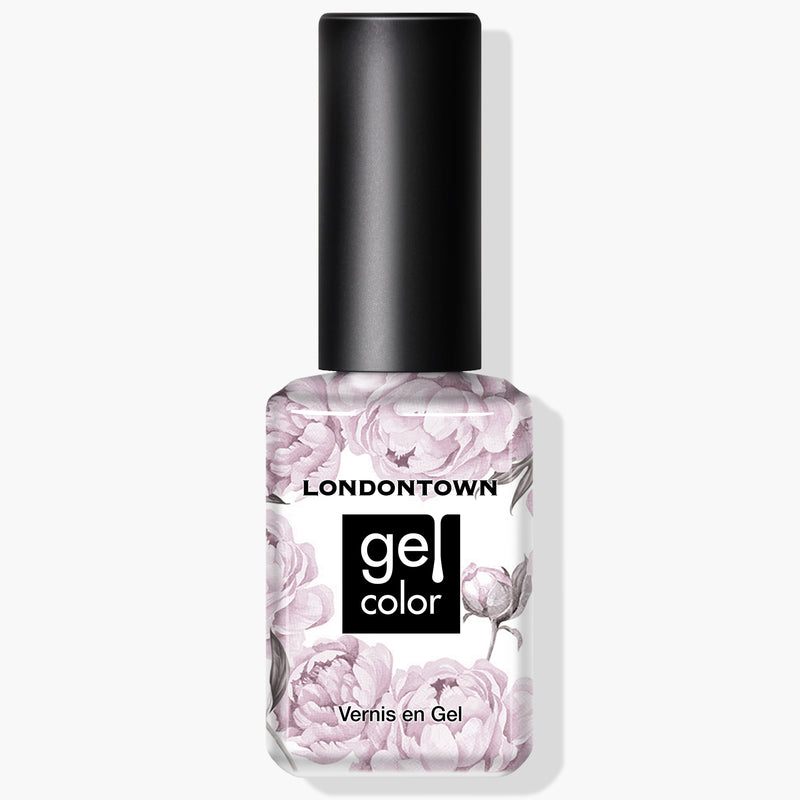 A bottle of LONDONTOWN Jane Austen vegan cruelty-free gel color nail polish with a black cap and floral design on the container.