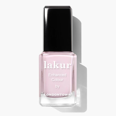 A bottle of LONDONTOWN Jane Austen (Professional) lakur enhanced color nail polish with a pink shade, black cap, and a cruelty-free and vegan formula.