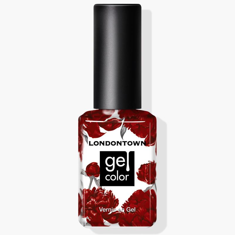 A bottle of Lady Luck vegan gel color nail polish by LONDONTOWN with a black cap and a burgundy crème floral design on the clear bottle.