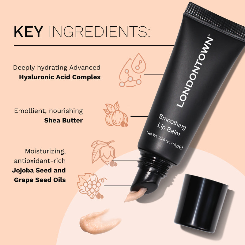 A tube of LONDONTOWN Smoothing Lip Balm is positioned beside swatches and illustrations showcasing its key ingredients: Hyaluronic Acid Complex, Shea Butter, Jojoba Seed Oil, and Grape Seed Oil. This ultra-rich conditioning lip treatment offers all-day hydration for your lips.