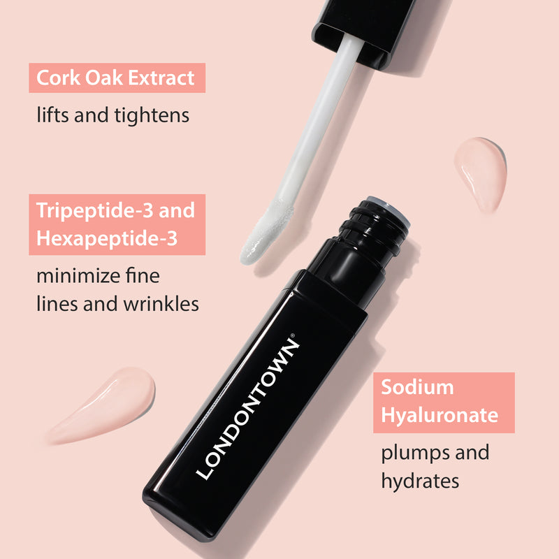 A black tube of Volumizing Peptide Lip Serum by LONDONTOWN, featuring a white applicator, is open next to swatches that highlight the benefits of cork oak extract, tripeptide-3, hexapeptide-3, and sodium hyaluronate for achieving younger-looking lips.