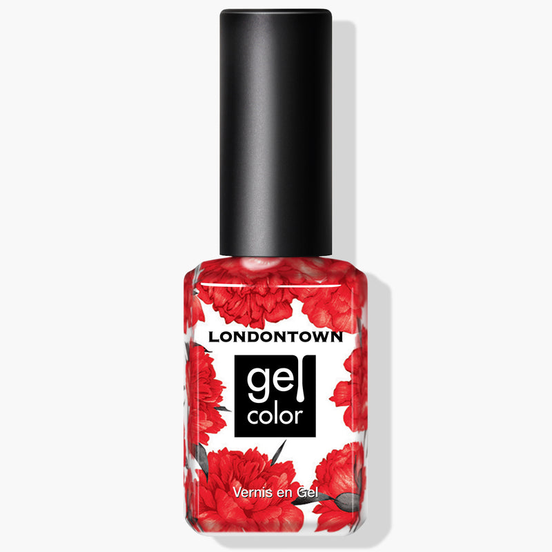 A bottle of LONDONTOWN Londoner Love red crème polish featuring a label adorned with red floral designs and the text "Vernis en Gel." This vegan, cruelty-free polish is perfect for use with UV/LED light systems.