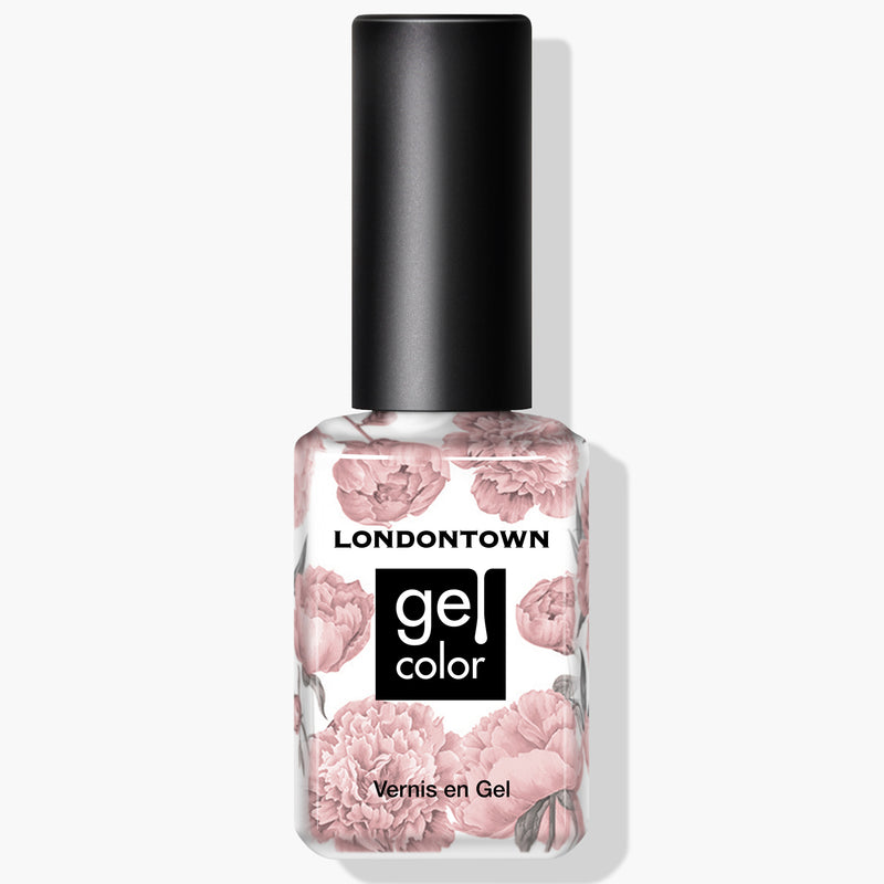 Make Me Blush nail polish by LONDONTOWN comes in a bottle with a black cap and a floral design on the label, featuring an incredibly pigmented formula for vibrant, long-lasting nails.
